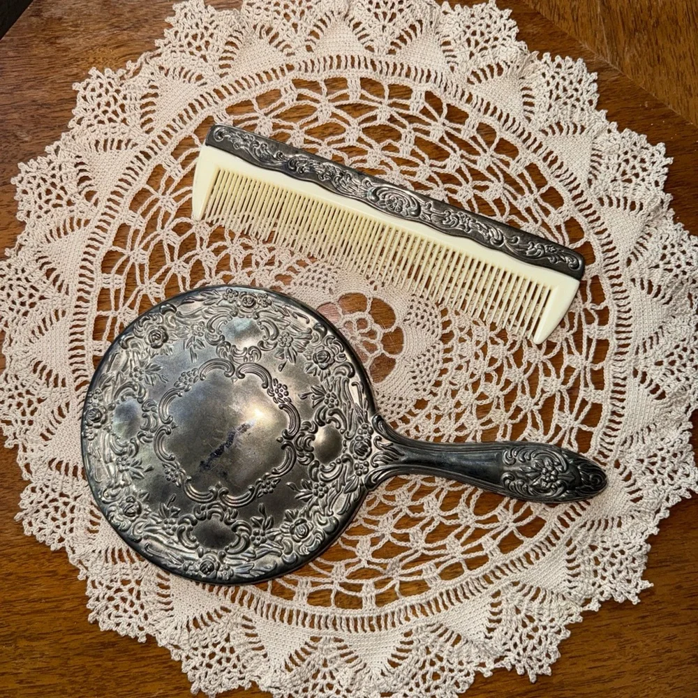 Vintage Silverplate Vanity Mirror Floral Design Heavy With Comb